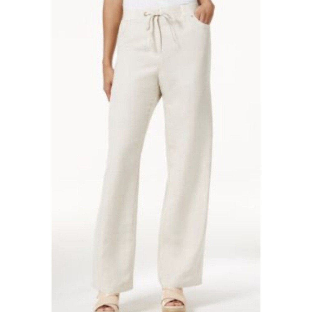 JM Collection Linen Pants Beige Womens Size 16 Wide Leg Drawstring Waist Pockets